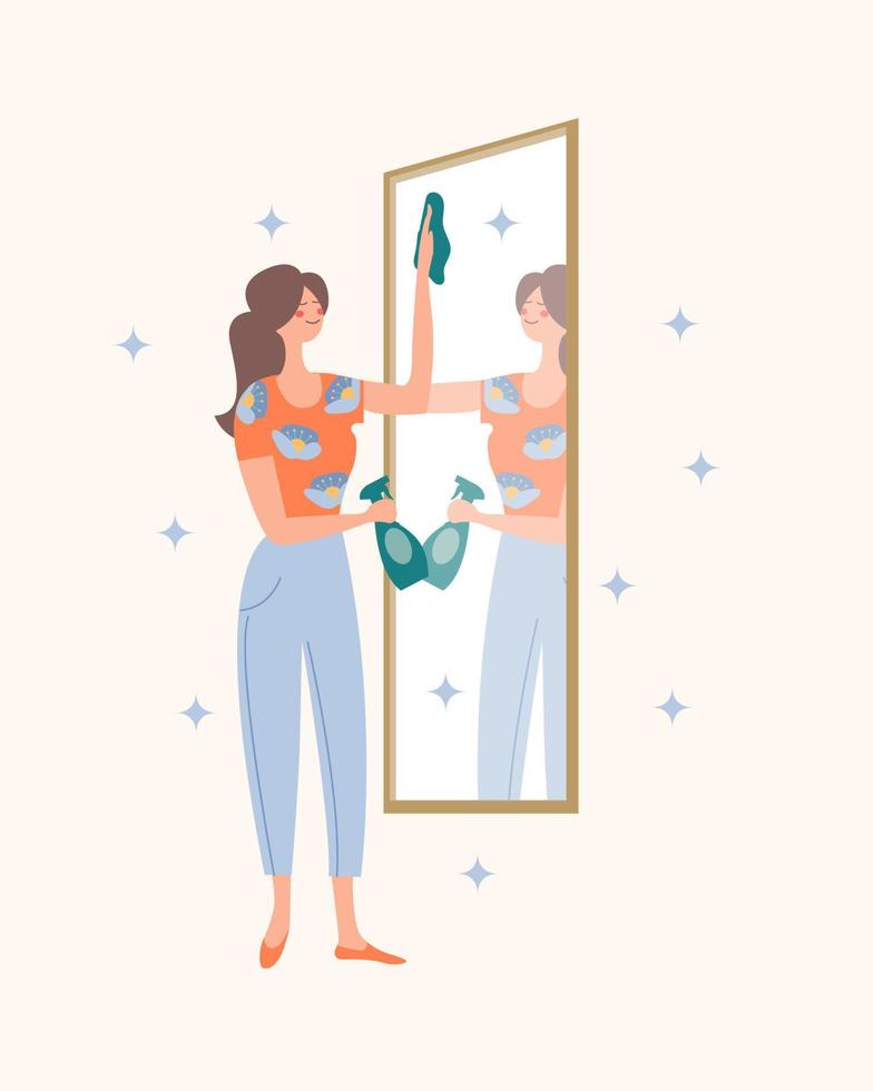 The girl washes the mirror. Domestic work. Vector illustration.