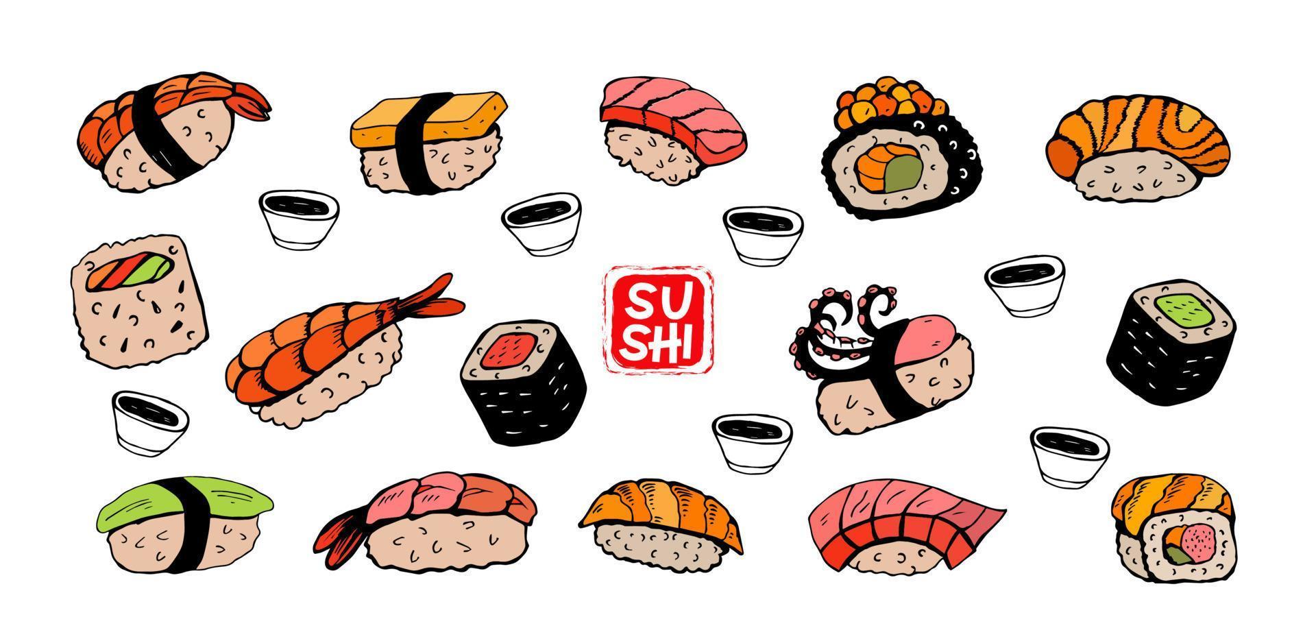 conjunto de sushi y rollos japoneses diferentes dibujados a mano. ilustración vectorial. vector