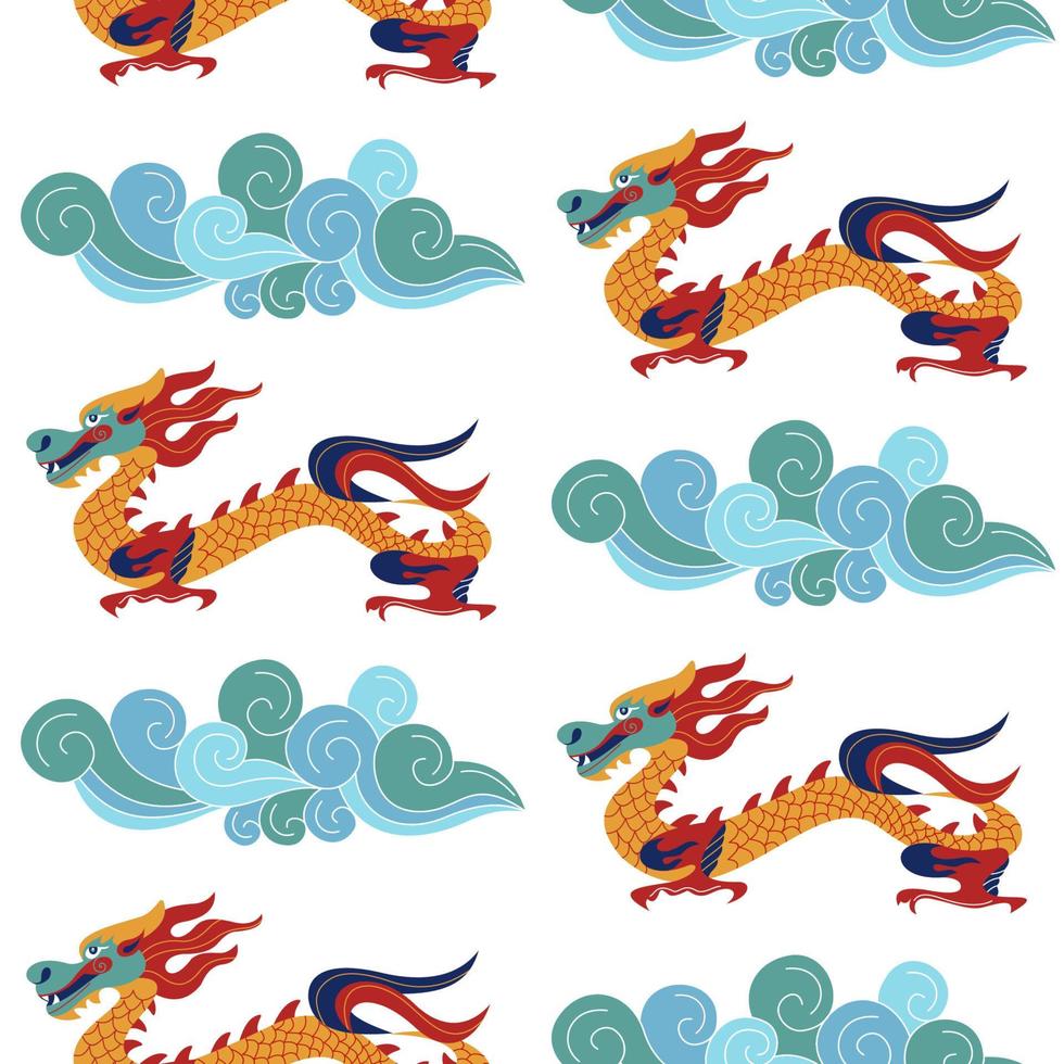 Seamless pattern in Chinese style with Chinese dragons. Vector colorful illustration. Traditional Chinese pattern.