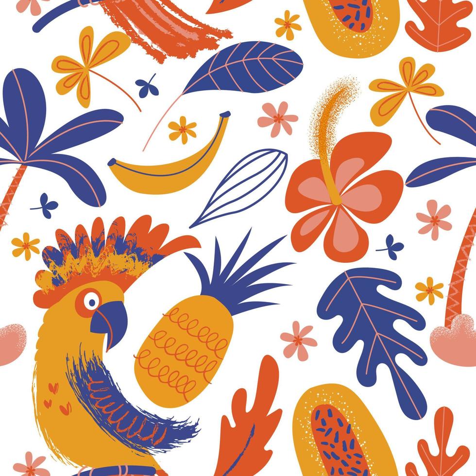 Exotic seamless pattern. Cockatoo parrots and bright tropical flowers and fruits. Vector illustration.