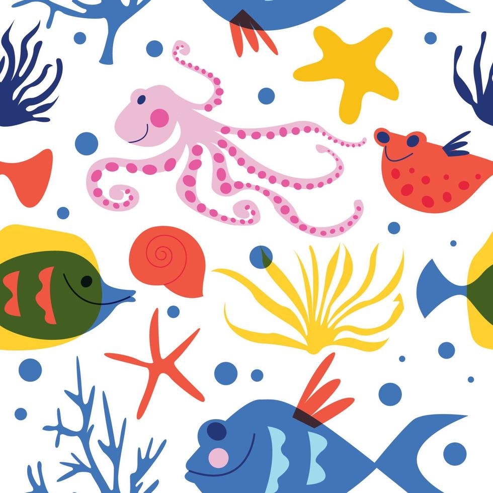 Seamless pattern. Marine life, underwater world, aquarium fish. Vector illustration on a white background.