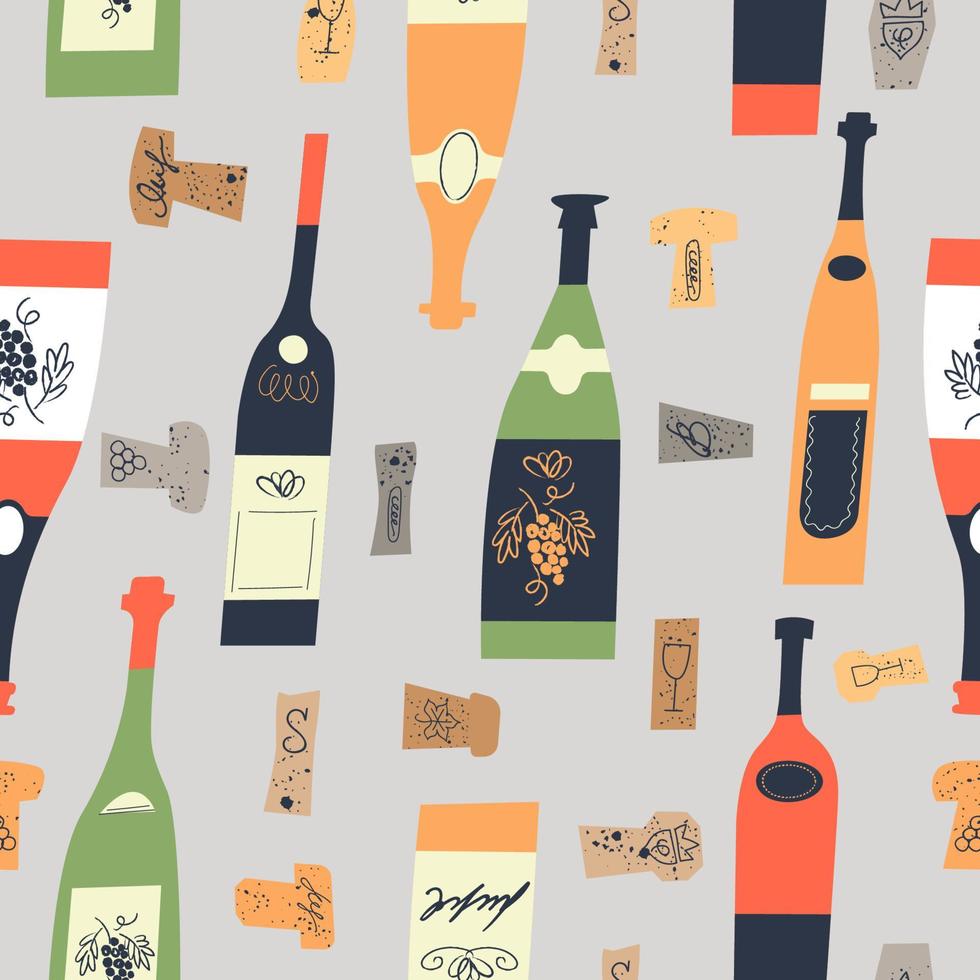 Seamless pattern of wine bottles and corks. Vector illustration.