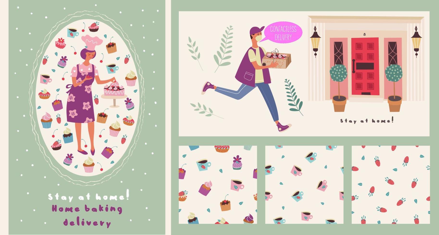 Home bakery. Contactless delivery. Vector illustration. A set of seamless patterns.
