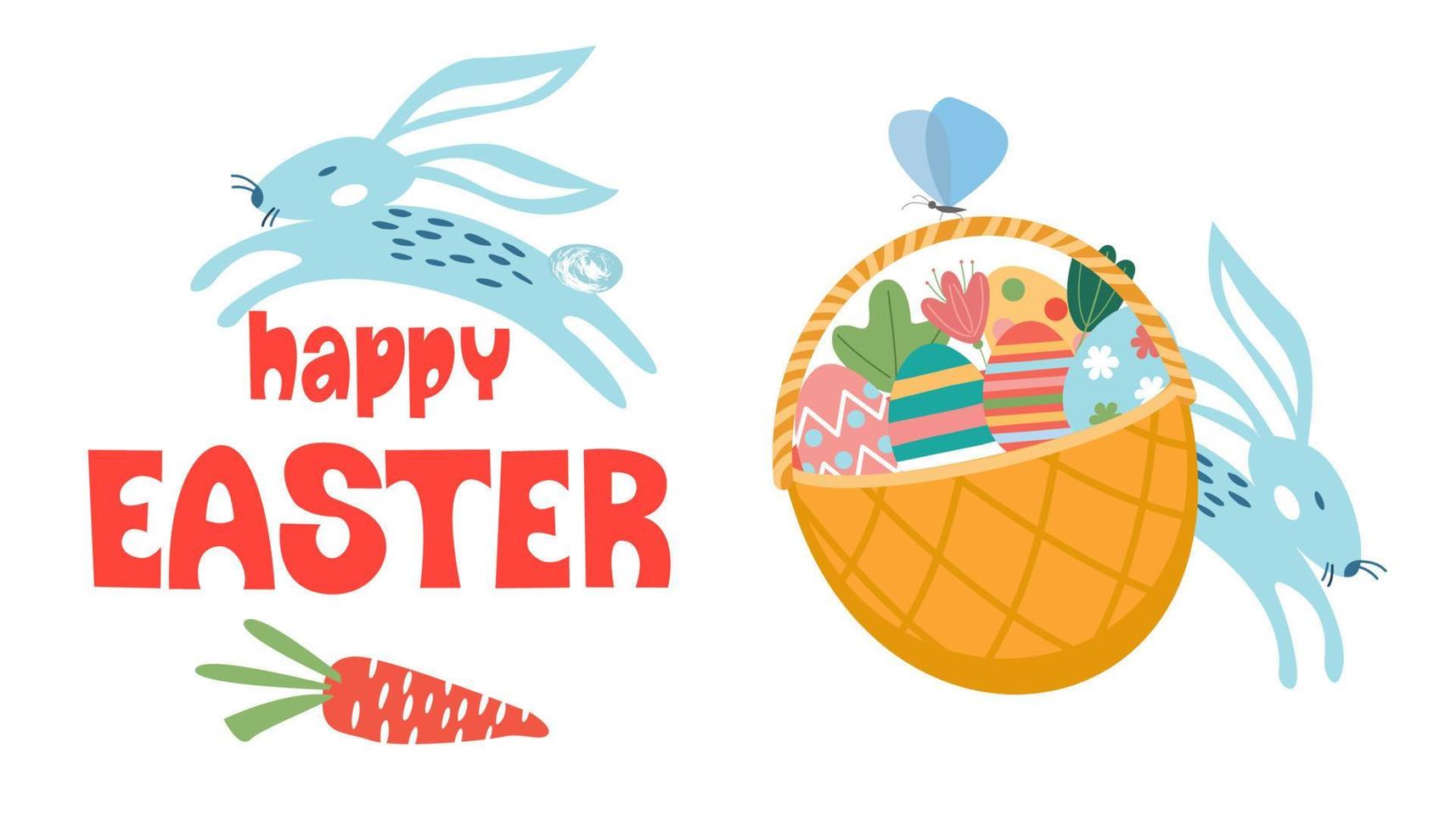 Felices Pascuas. una canasta de huevos pintados. ilustración vectorial. vector
