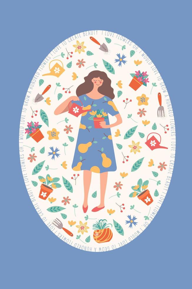 linda chica con una maceta. marco ovalado con flores, hojas y accesorios de jardín. lindo marco de flores de primavera. vector