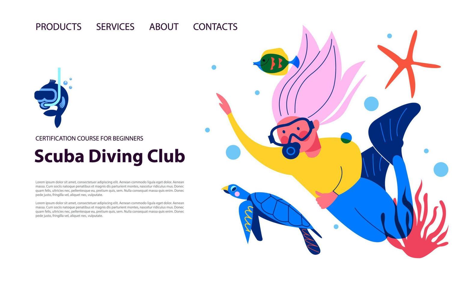 Diving. Extreme sport. Underwater swimming. Girl diver and exotic fish and underwater world. Vector illustration.