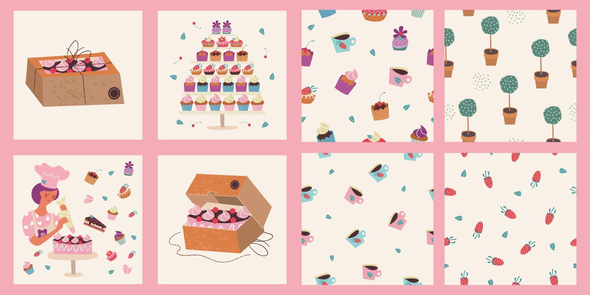 panadería casera. una pastelera decora el pastel con crema. ilustración vectorial. un conjunto de patrones sin fisuras. vector