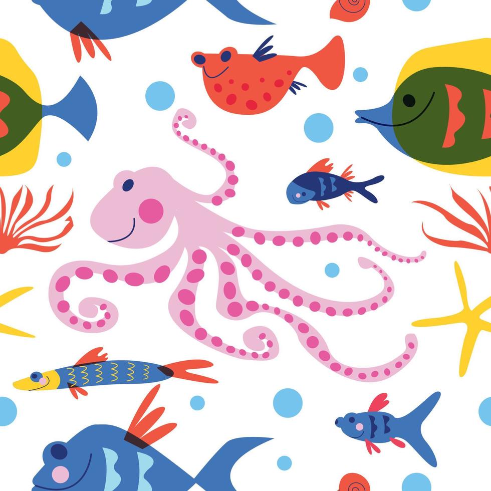 Seamless pattern. Marine life, underwater world, aquarium fish. Vector illustration on a white background.