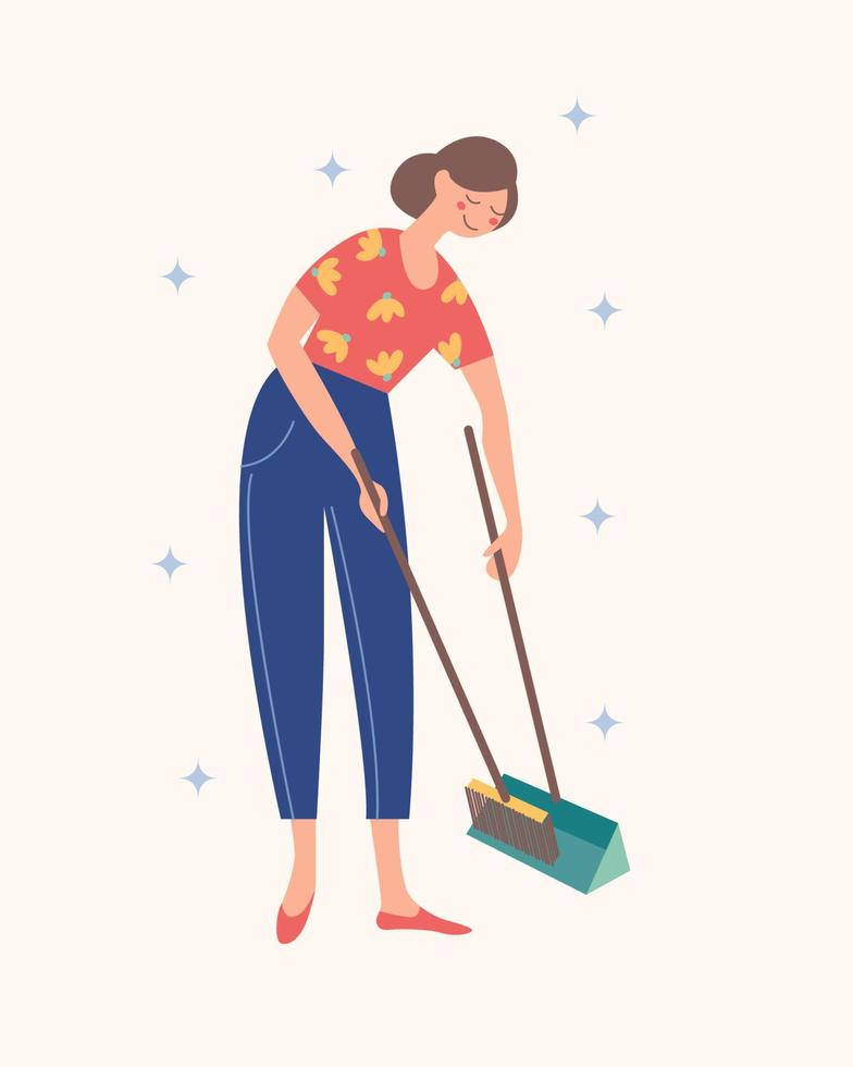 The girl sweeps the floor. Domestic work. Vector illustration.