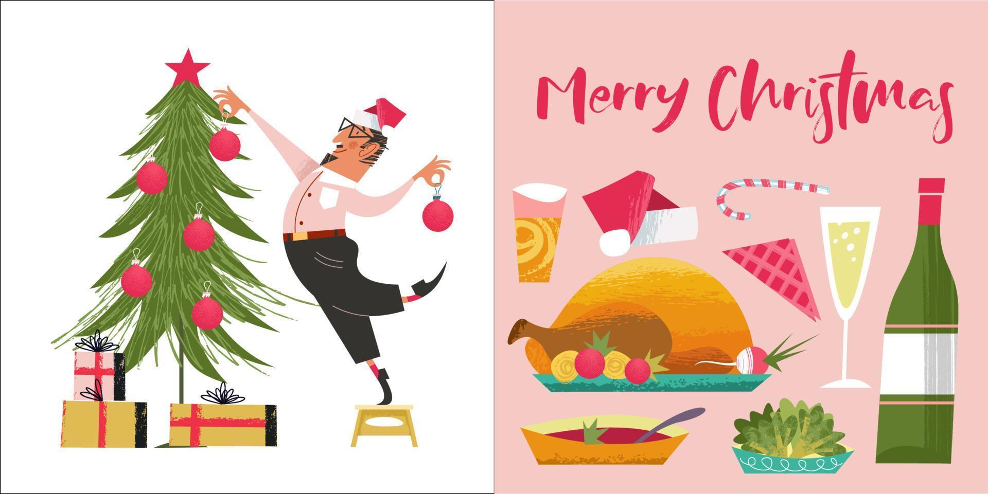 Feliz Navidad. un hombre con un gorro de Papá Noel decora el árbol de Navidad. ilustración vectorial, conjunto de adornos navideños y comida festiva. vector