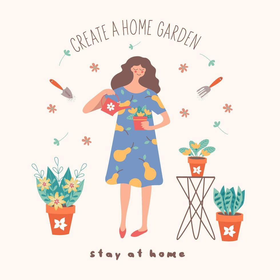 Stay at home. Create a home garden. Girl florist watering potted flowers. Vector illustration.