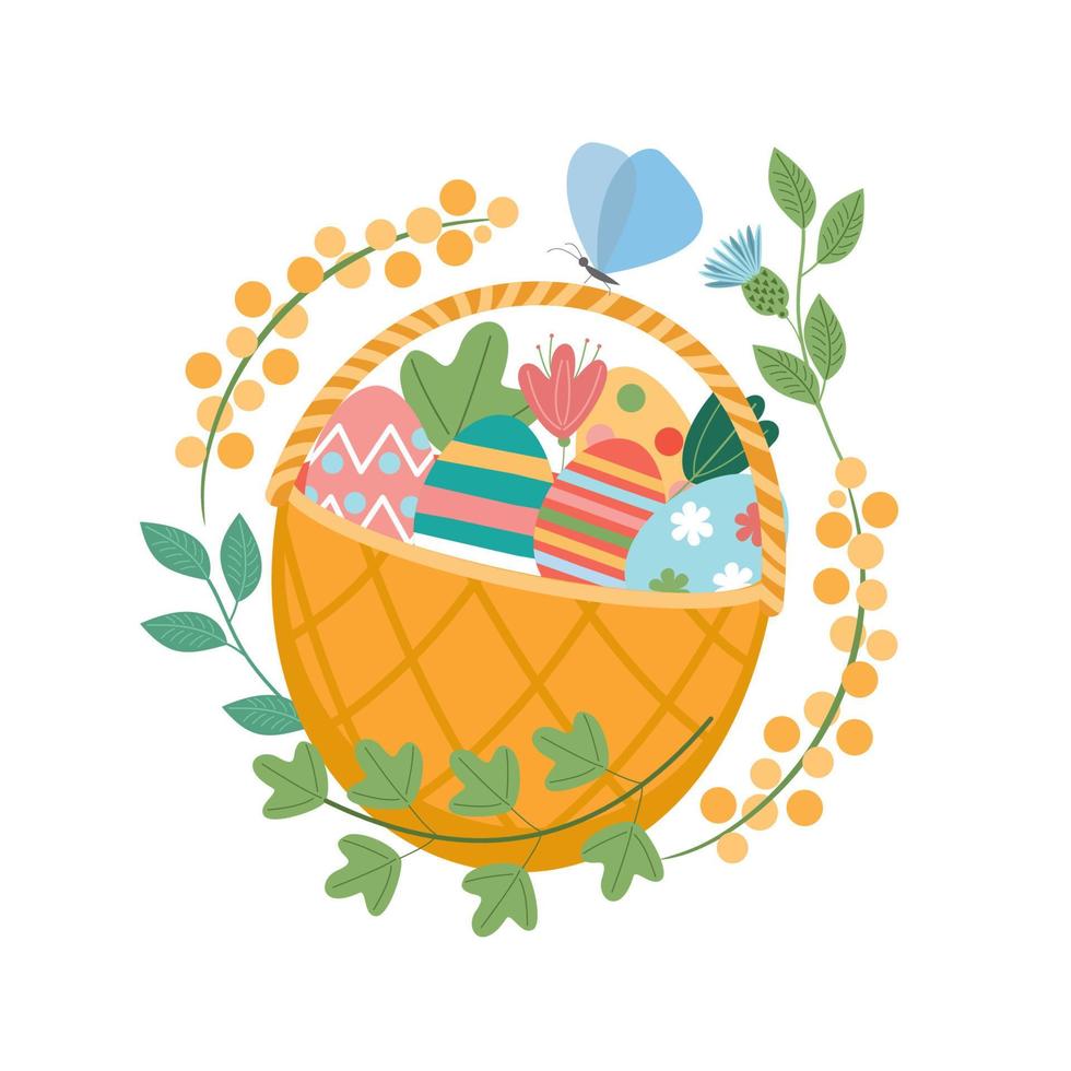 Happy Easter. A basket of painted eggs. Vector illustration.