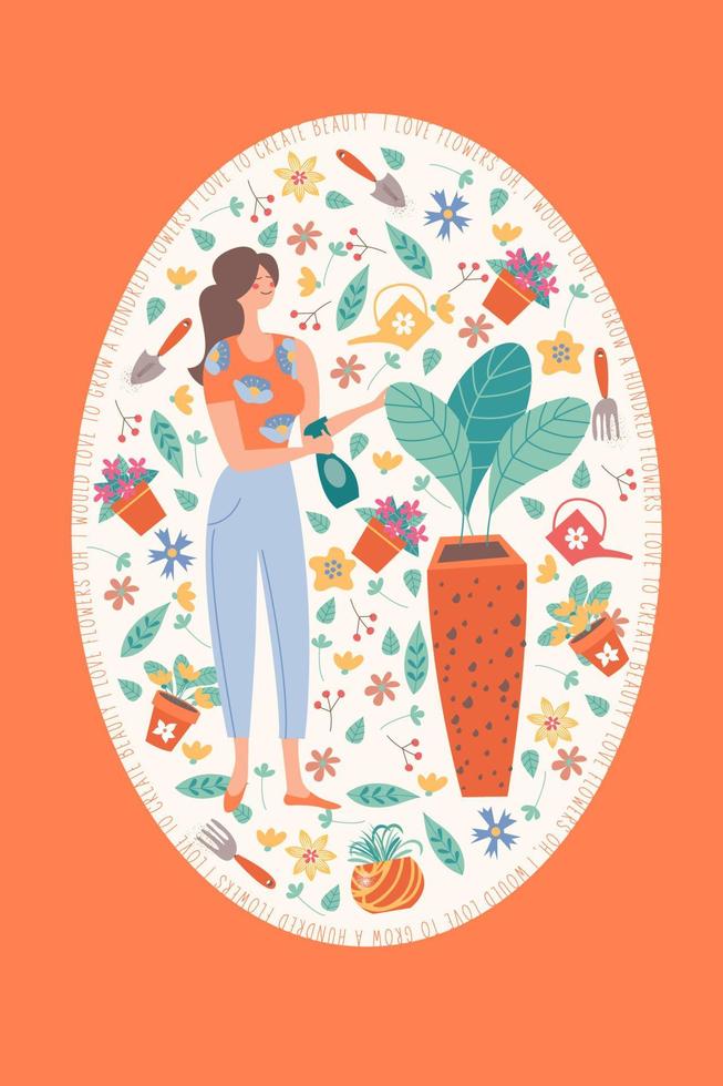 linda chica con una maceta. marco ovalado con flores, hojas y accesorios de jardín. lindo marco de flores de primavera. vector