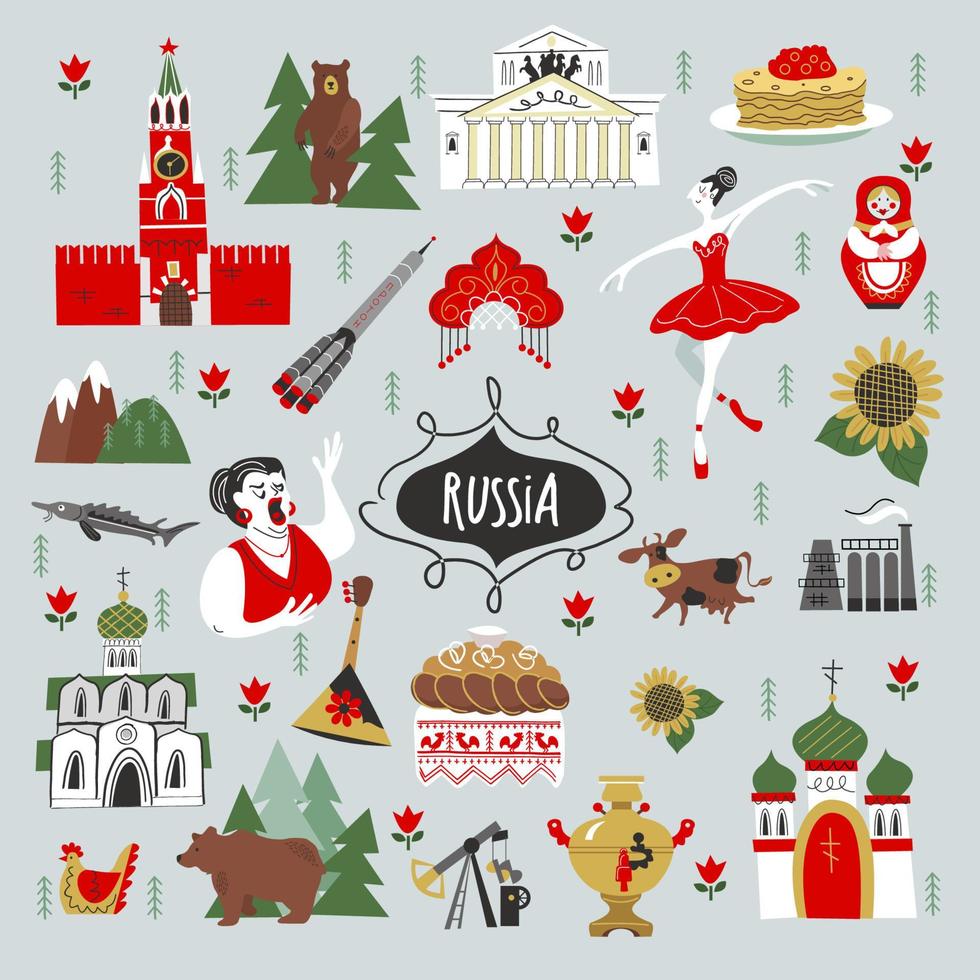 Russia. Sights of Russia and symbols of the country. Vector illustration. A set of elements to create your design.