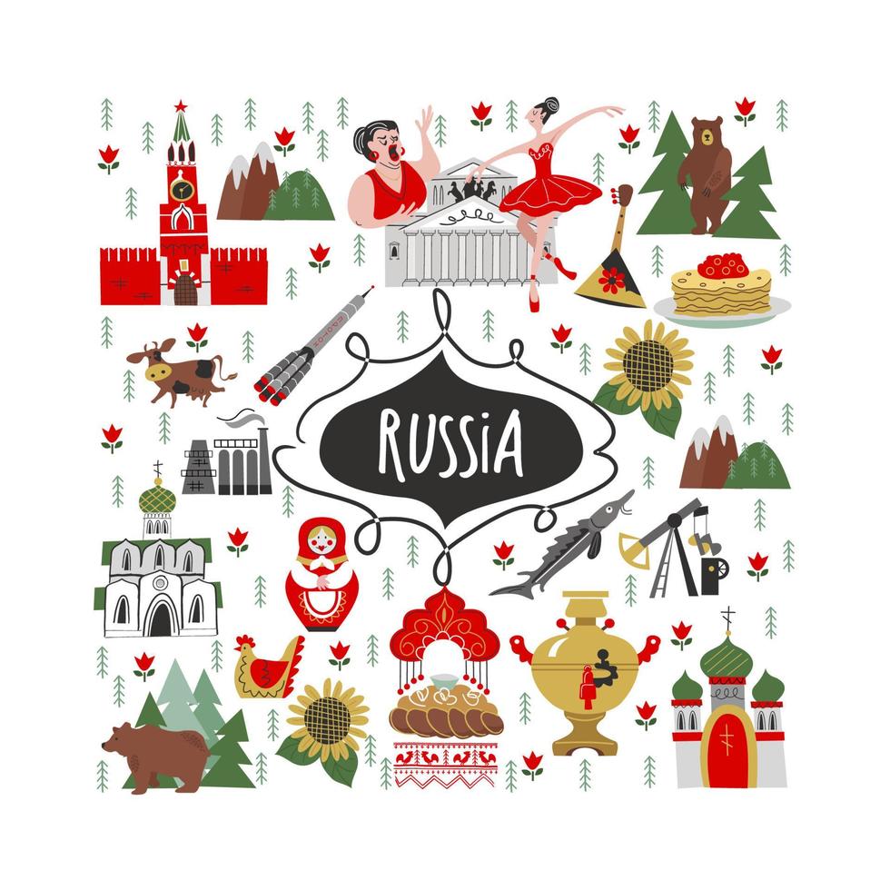 Rusia. lugares de interés de rusia y símbolos del país. ilustración vectorial. un conjunto de elementos para crear su diseño. vector