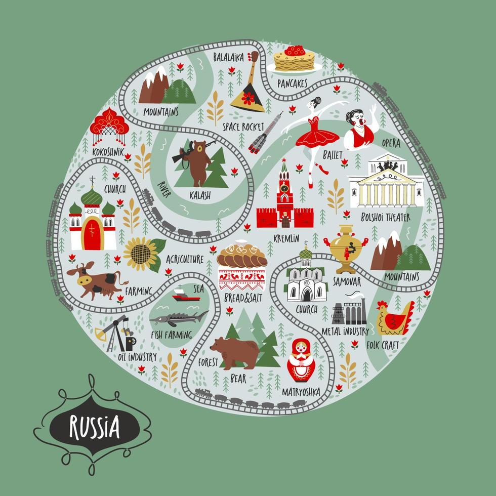 Russia. Sights of Russia and symbols of the country. Vector illustration. A set of elements to create your design.