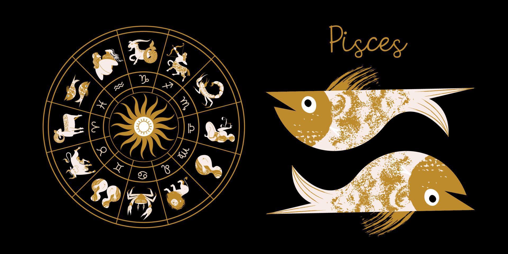 signo del zodíaco piscis. horóscopo y astrología. horóscopo completo en el círculo. Zodíaco de la rueda del horóscopo con el vector de doce signos.