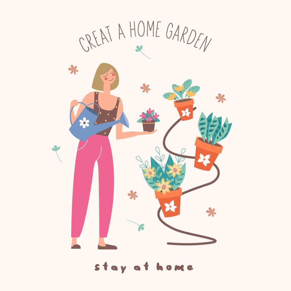 Stay at home. Create a home garden. Girl florist watering potted flowers. Vector illustration.