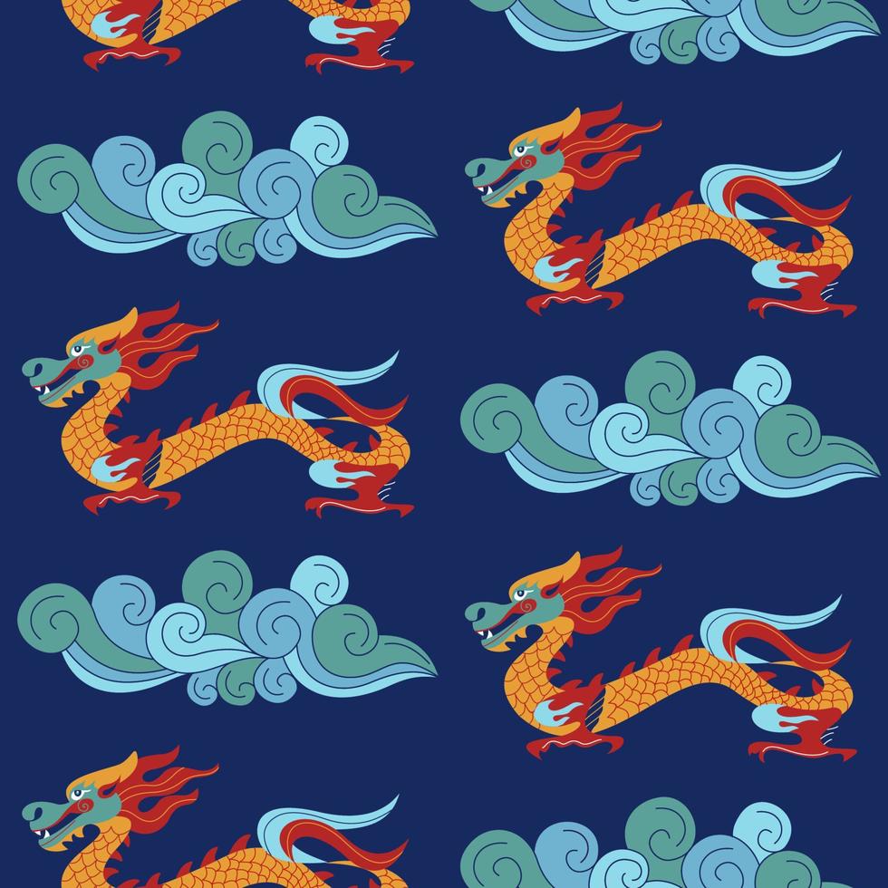 Seamless pattern in Chinese style with Chinese dragons. Vector colorful illustration. Traditional Chinese pattern.