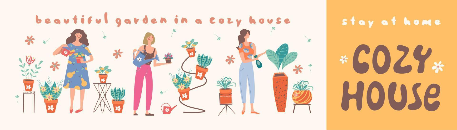 Quédate en casa. crear un jardín en casa. ilustración vectorial. vector