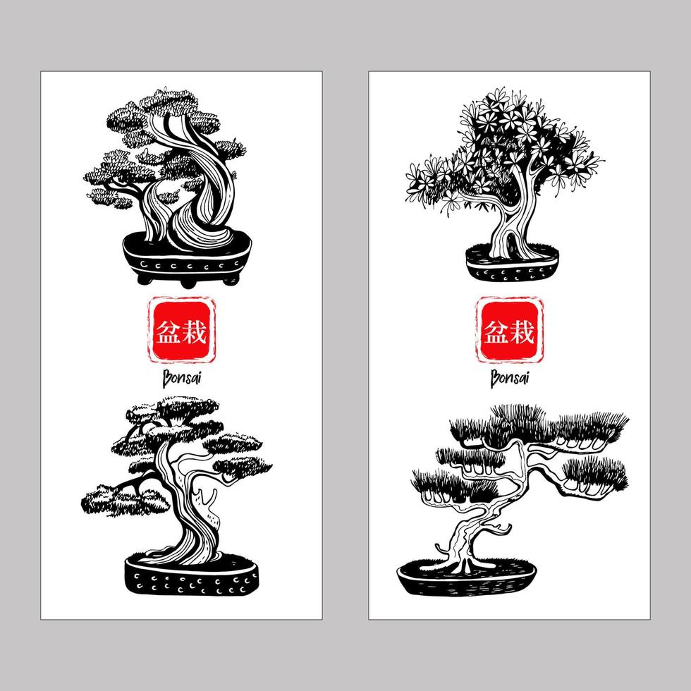 conjunto de 4 árboles bonsai. vector dibujado a mano ilustración en blanco y negro sobre un fondo blanco. inscripción en caracteres bonsai japoneses.