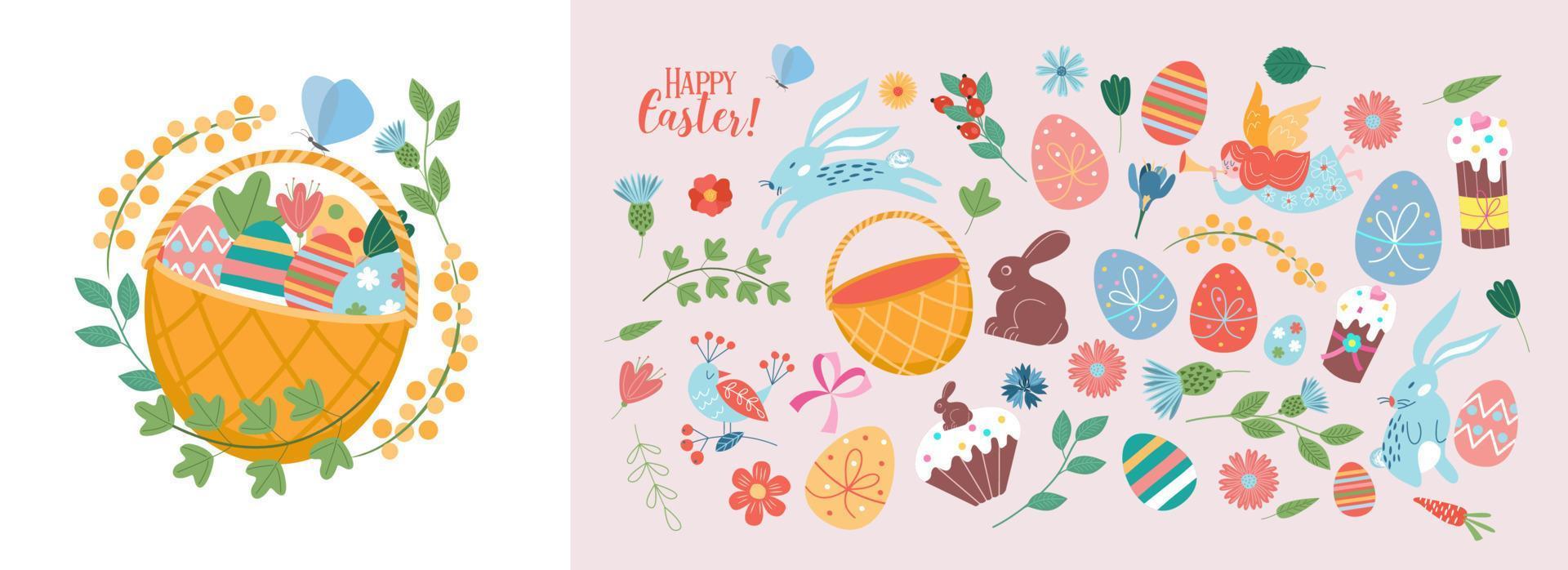 Happy Easter. Vector set of cute illustration. Painted eggs, rabbits, flowers, a basket, a chocolate hare, cakes. Design elements for card, poster, flyer and other use.