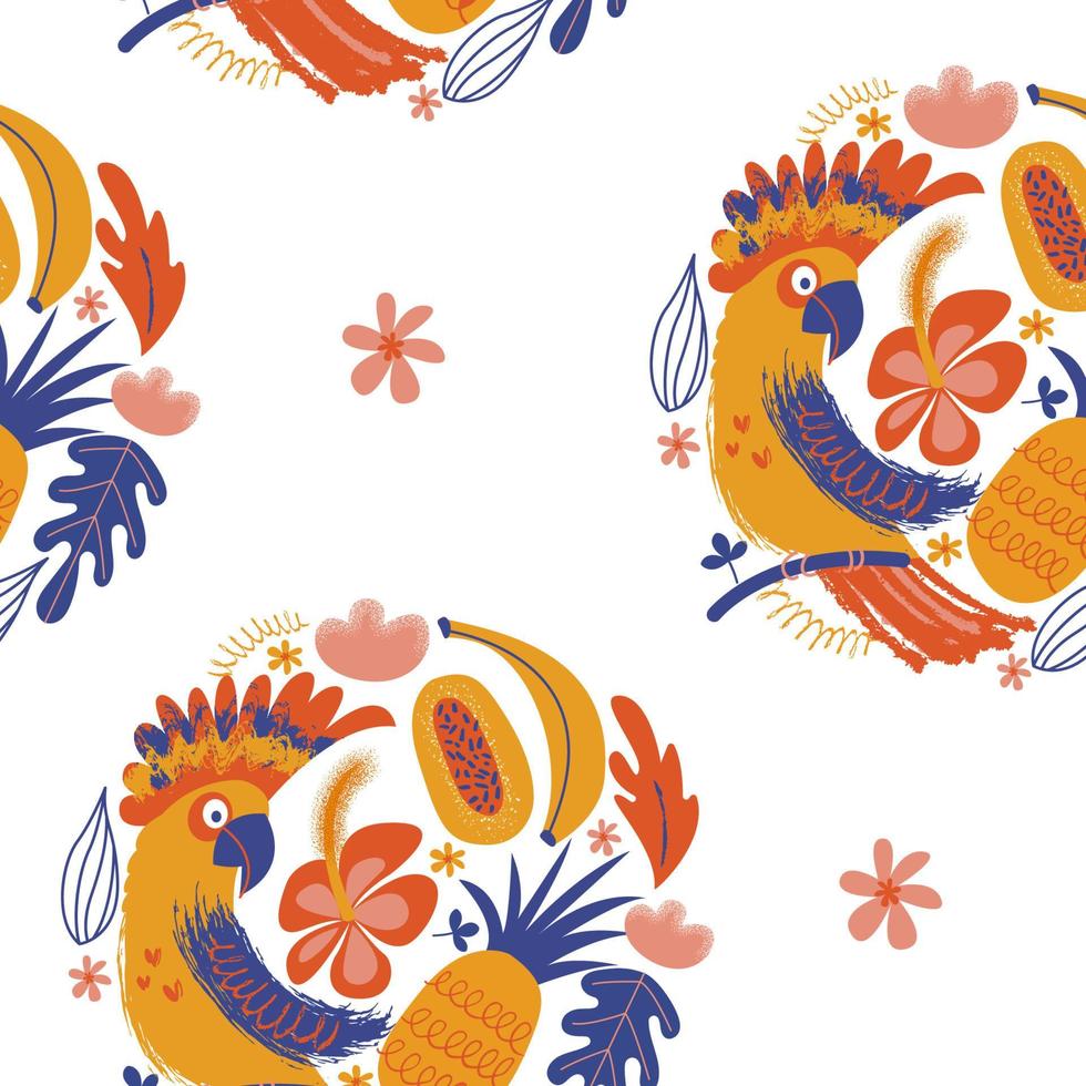 Exotic seamless pattern. Cockatoo parrots and bright tropical flowers and fruits. Vector illustration.