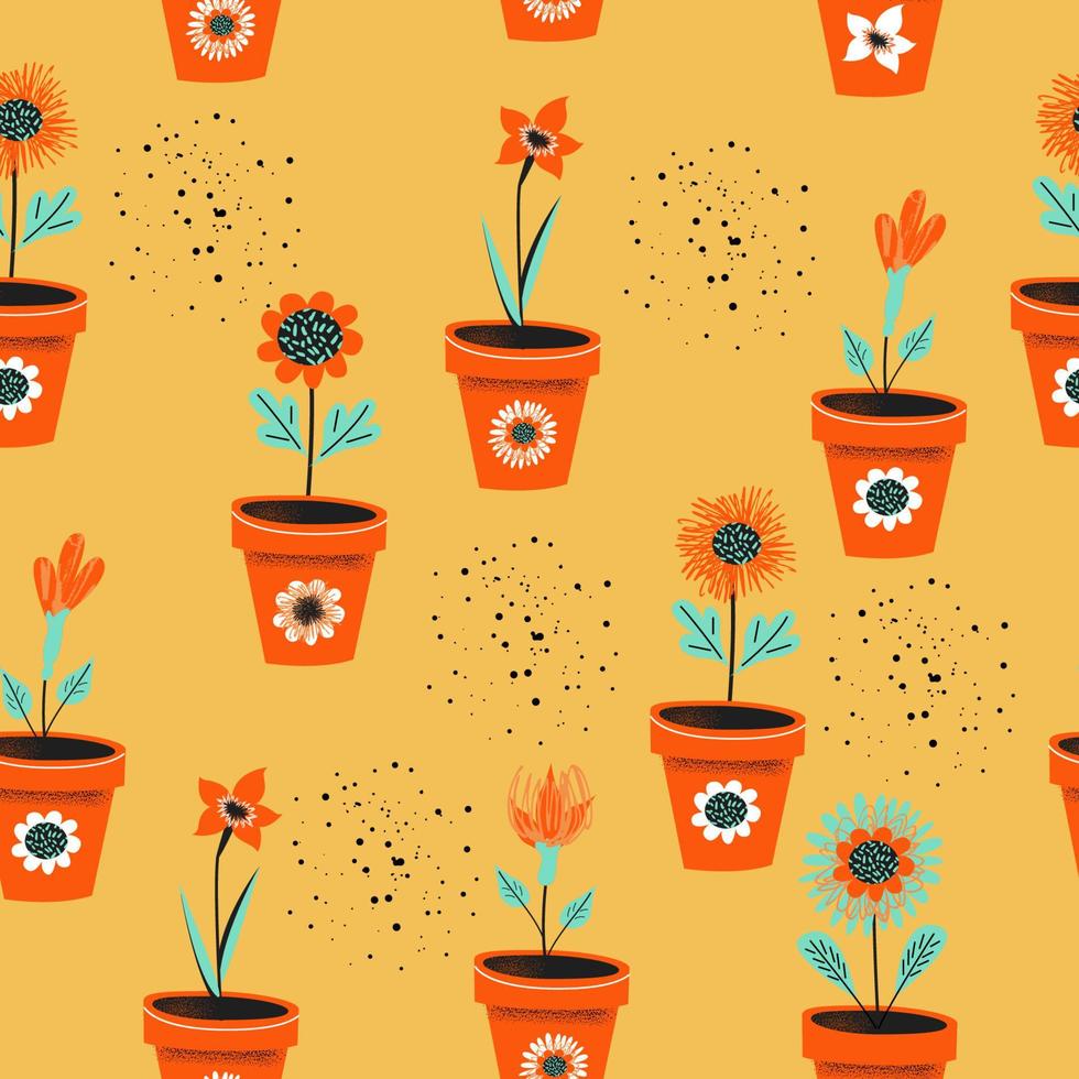 Seamless pattern on a yellow background. Flower pot. vector