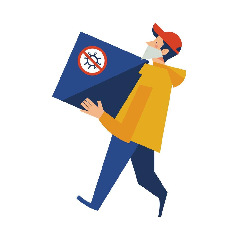 Delivery. Contactless delivery. A courier in a medical mask delivers a box. Online purchases during the quarantine. vector