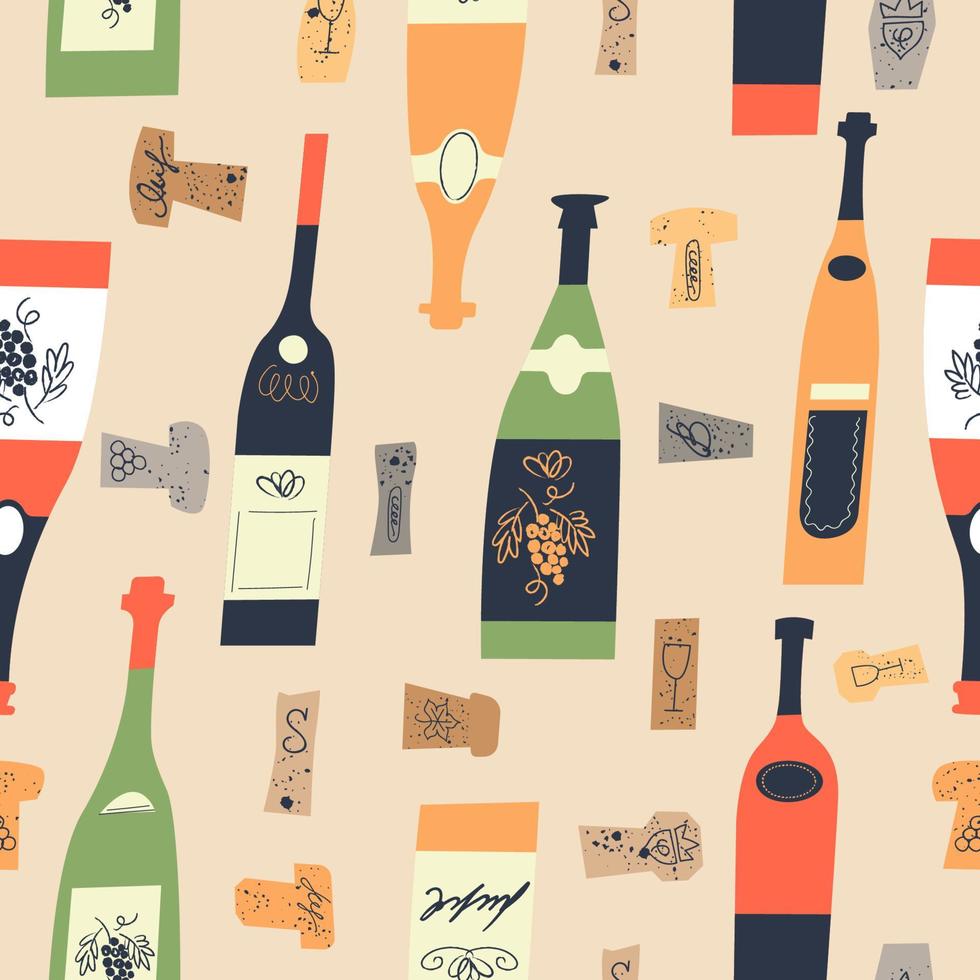 patrón sin fisuras de botellas de vino y corchos. ilustración vectorial. vector