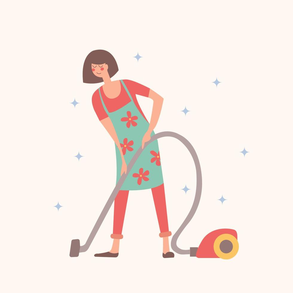 Girl vacuums. Vector illustration on a light background.