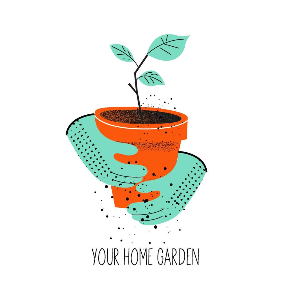 Gloved hands hold a pot with a seedling. Vector illustration on a white background.