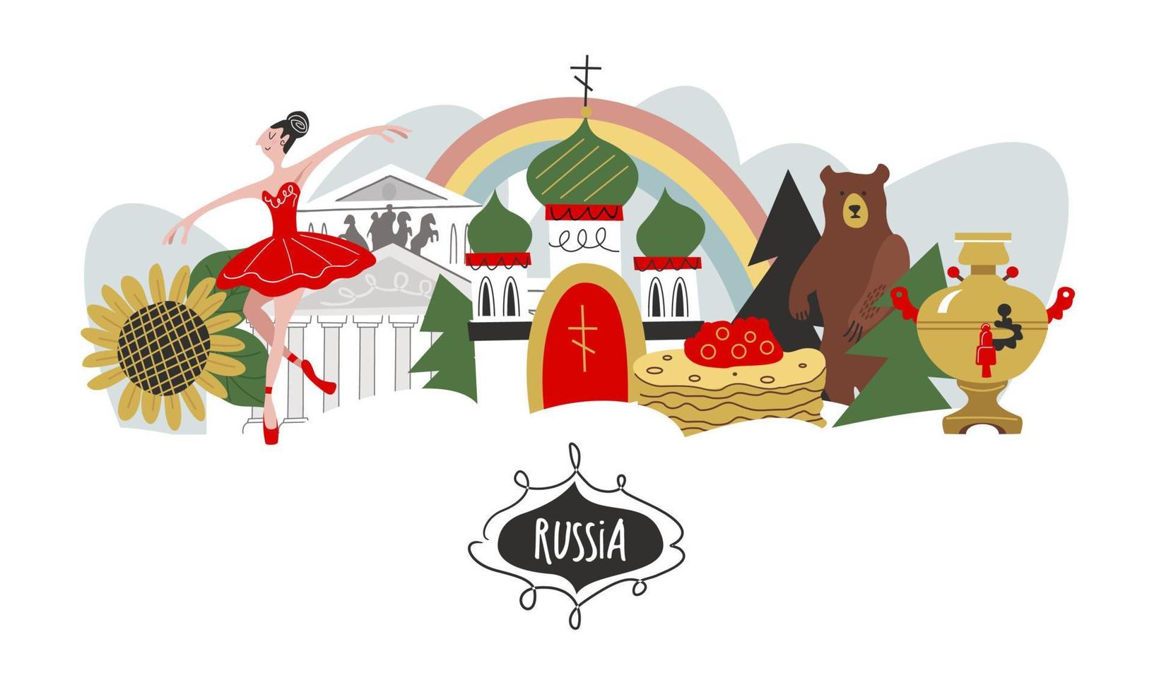 Rusia. lugares de interés de rusia y símbolos del país. ilustración vectorial. un conjunto de elementos para crear su diseño. vector