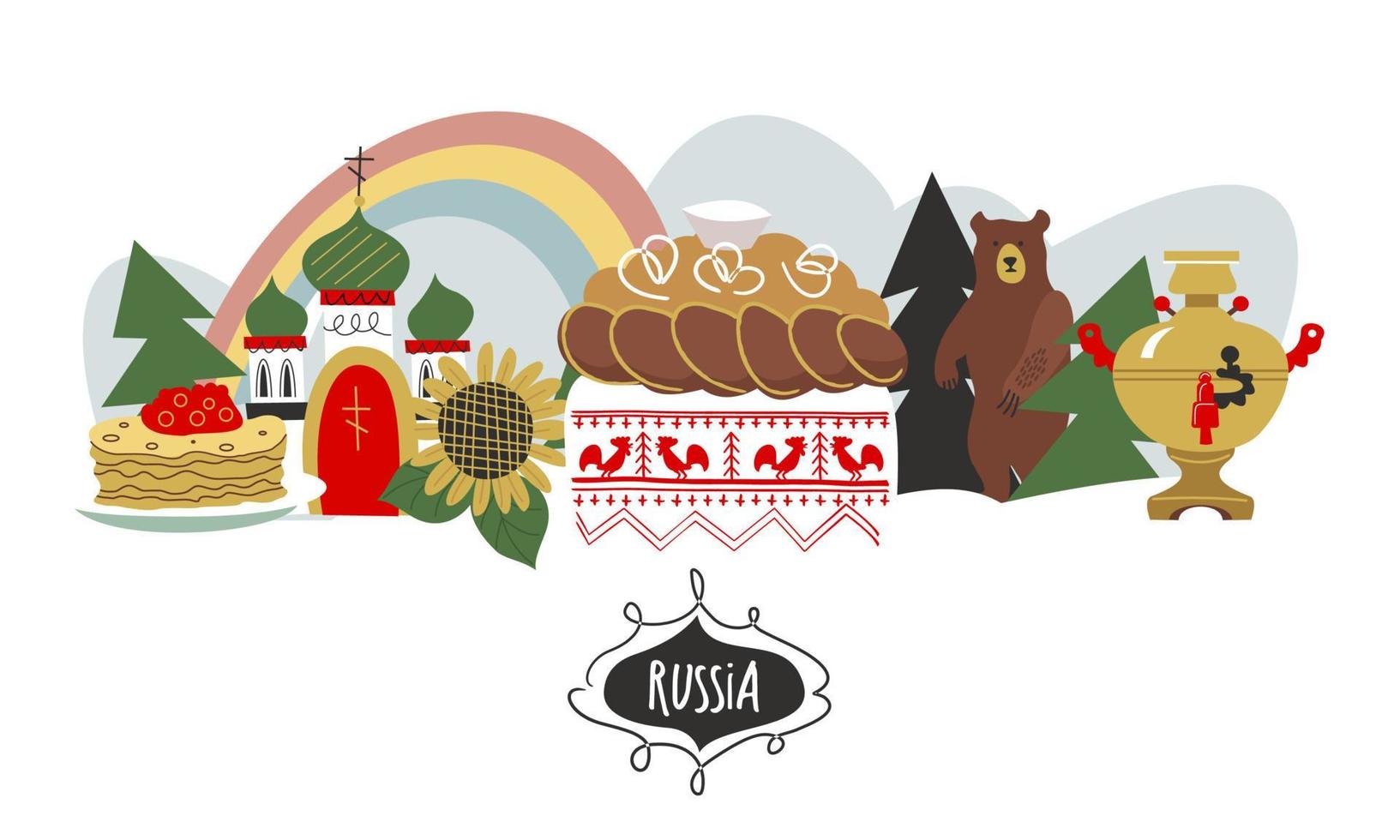 Rusia. lugares de interés de rusia y símbolos del país. ilustración vectorial. un conjunto de elementos para crear su diseño. vector