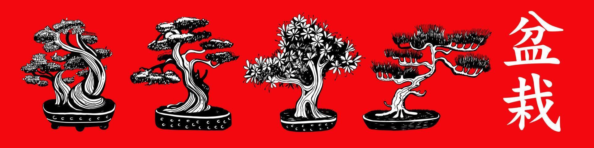 Set of 4 Bonsai trees. Vector hand drawn black and white illustration on a red background. Inscription in Japanese Bonsai characters.