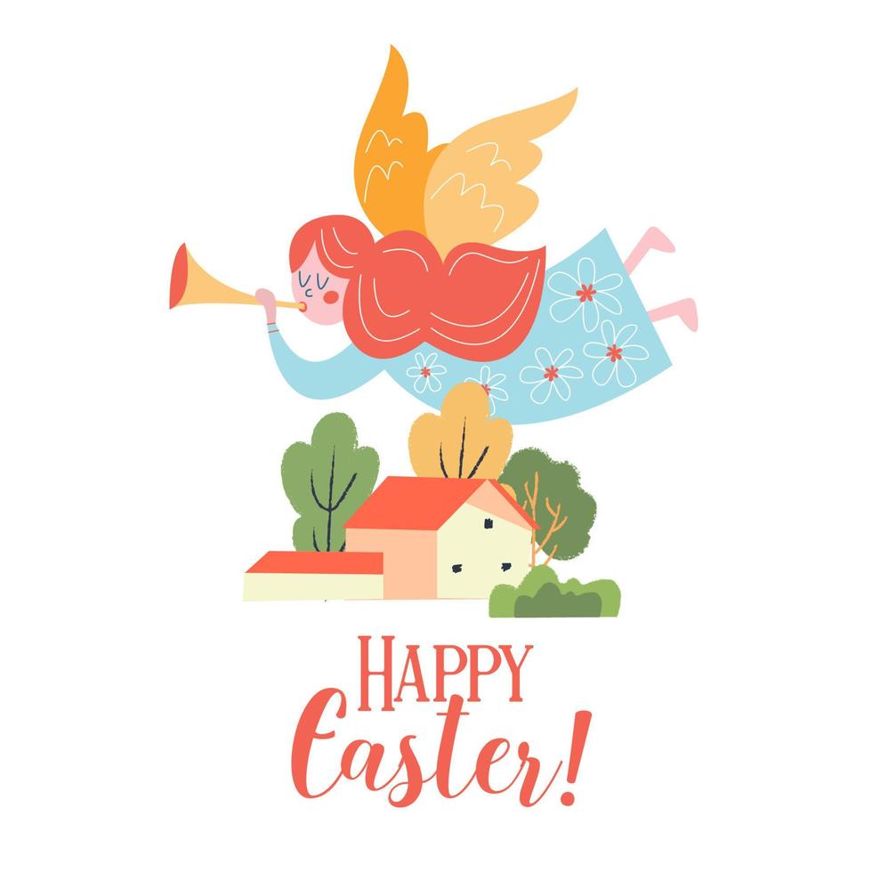 Happy Easter. A cute little angel is flying over the village house. Vector illustration.