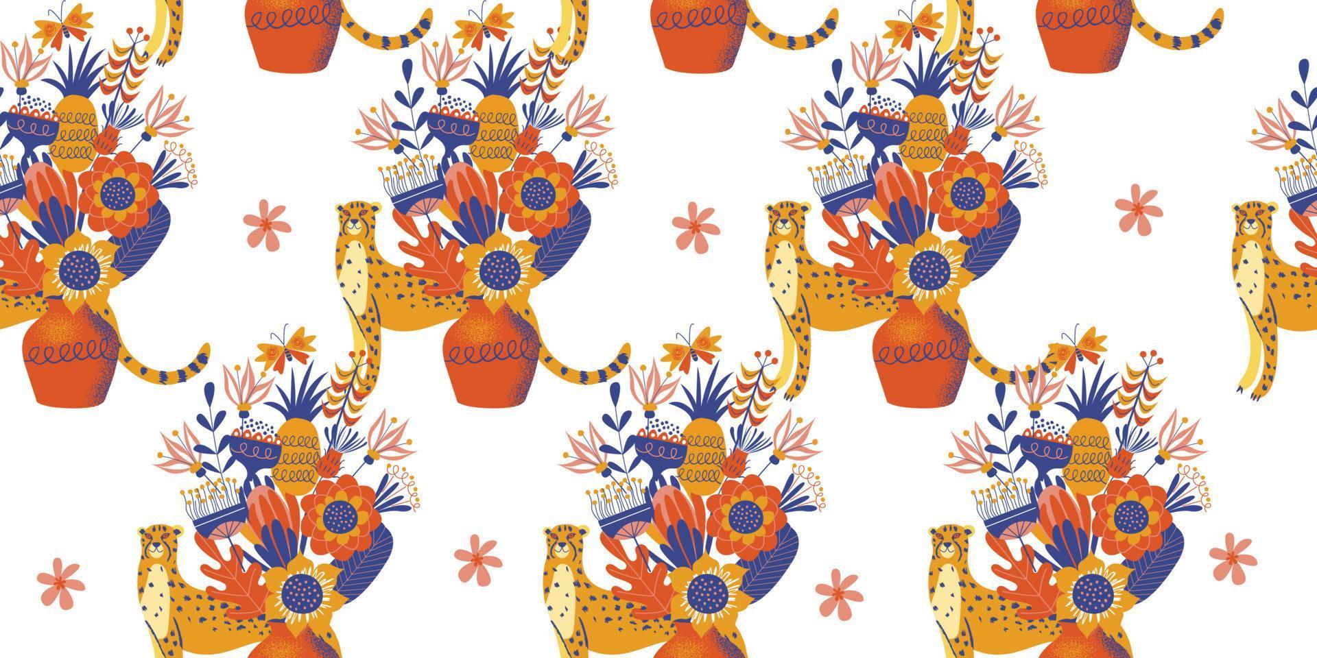 Seamless pattern on a white background. Cheetah and flowers. vector