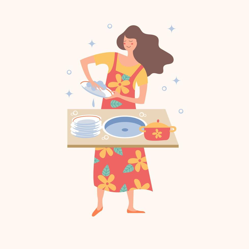 Homework. A girl washes dishes. Vector illustration.