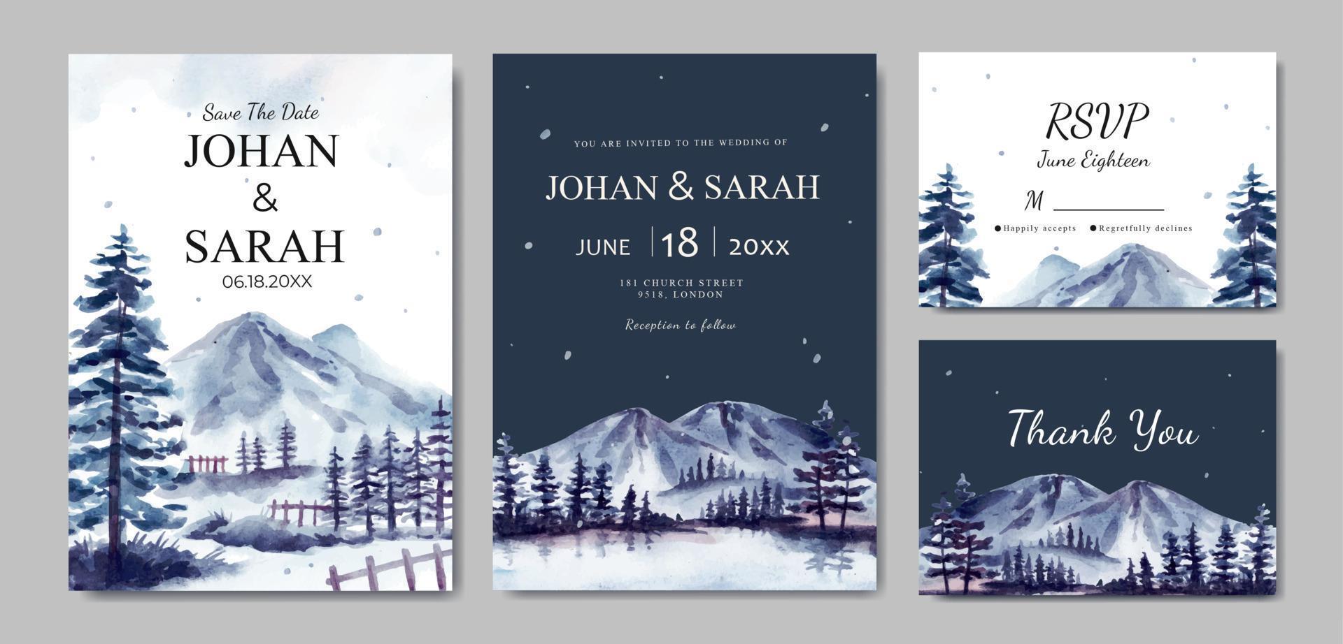 Wedding invitation set with winter landscape and icy mountain watercolor vector