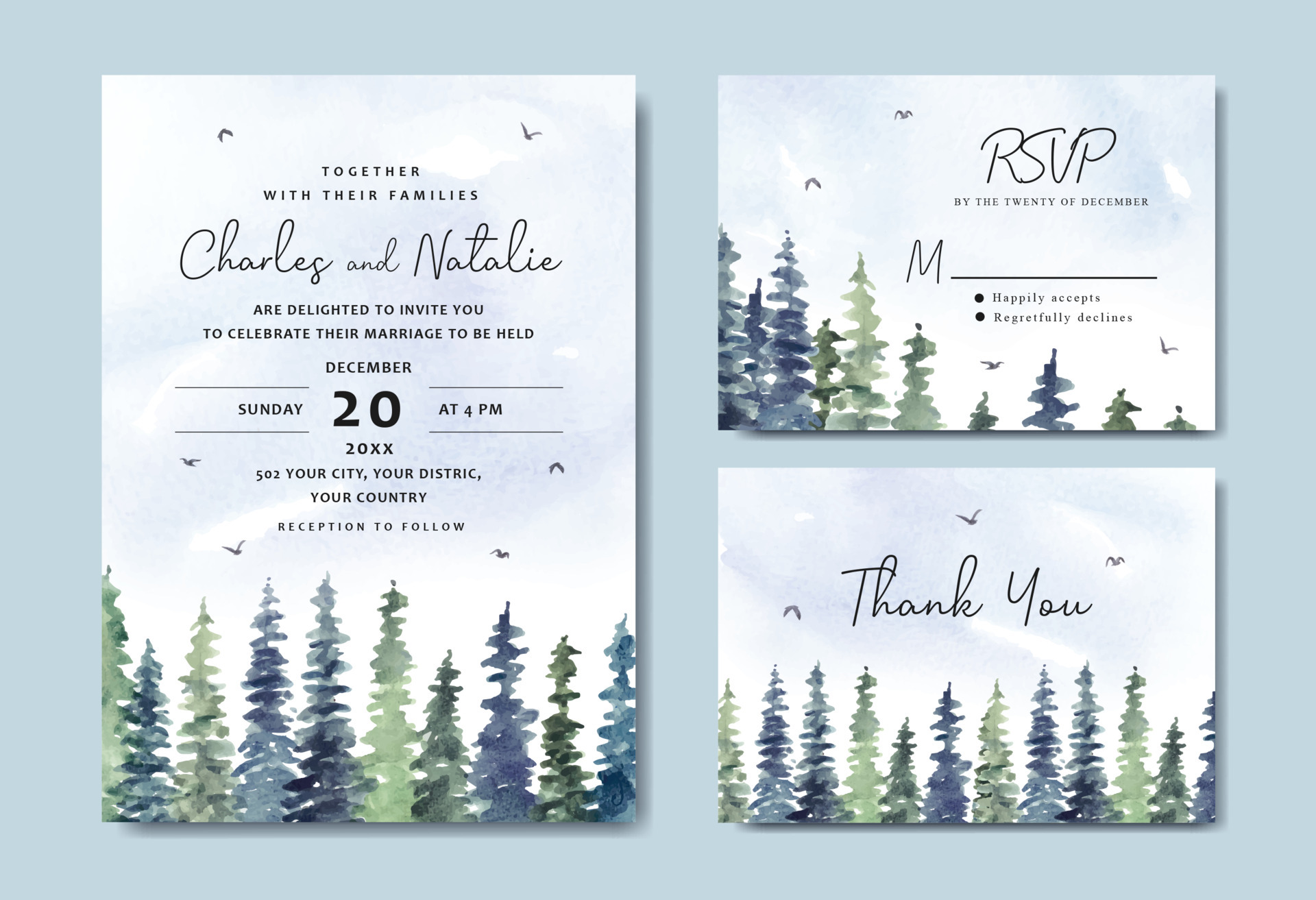 Wedding invitation set of pine trees watercolor 4777990 Vector Art at