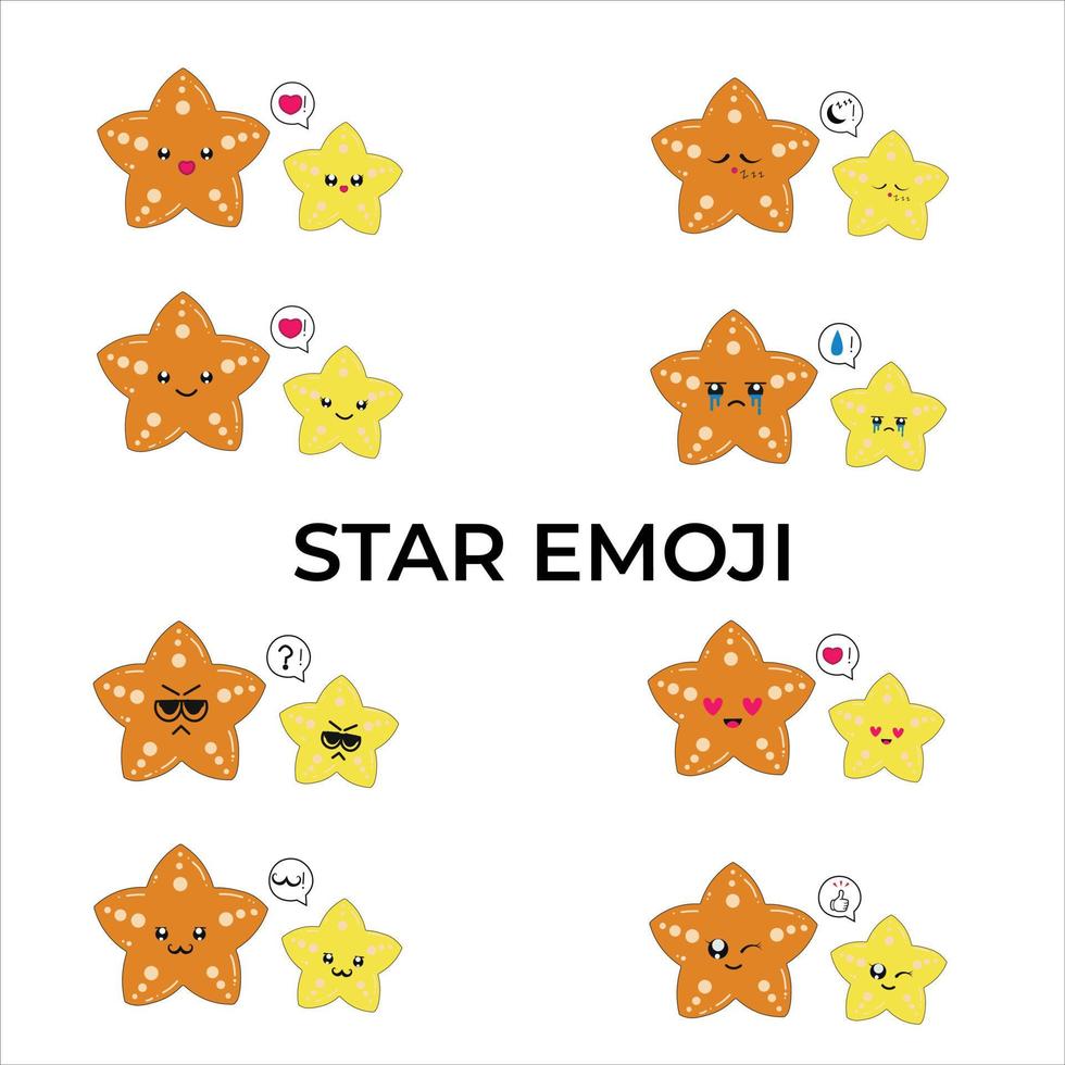 Collection of different emoji, an icon of cute star cartoon on white background vector illustration, Orange and Yellow star with an open smile, angry showing upper teeth, crying, and normal emotions.