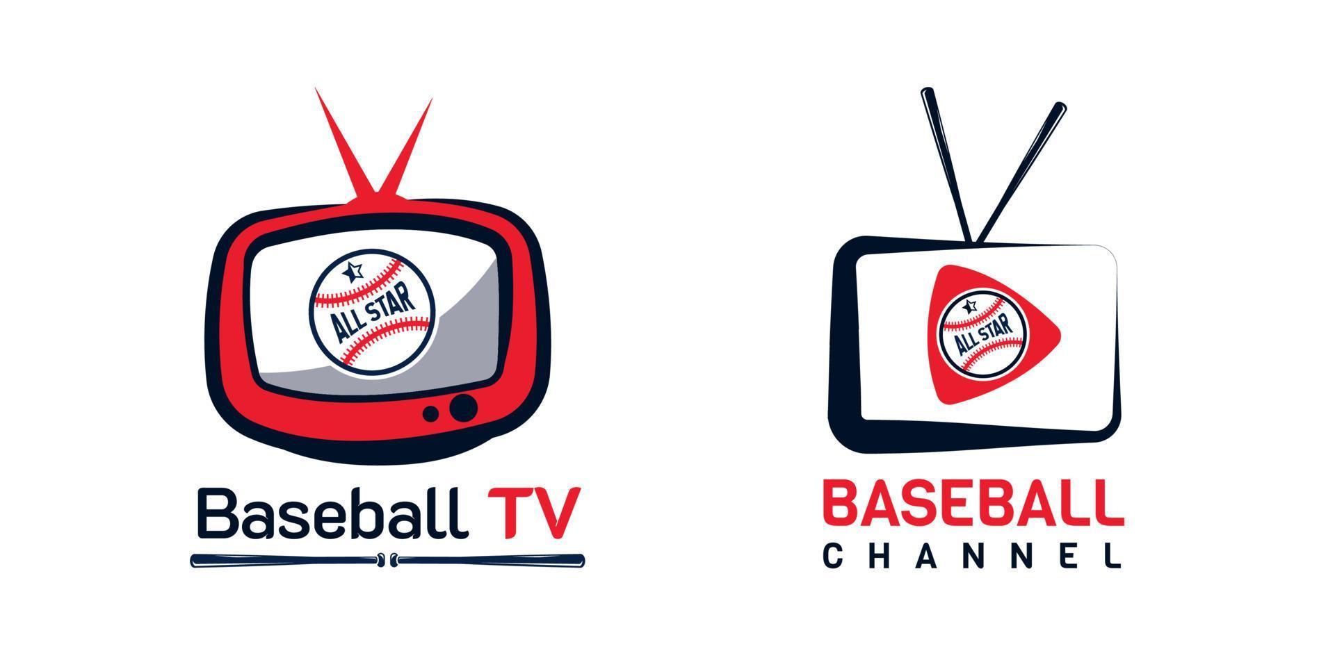 logotipo del canal de televisión de béisbol. con símbolo de televisión, pelota y murciélago. en color azul oscuro y rojo. vector de diseño aislado premium y de lujo