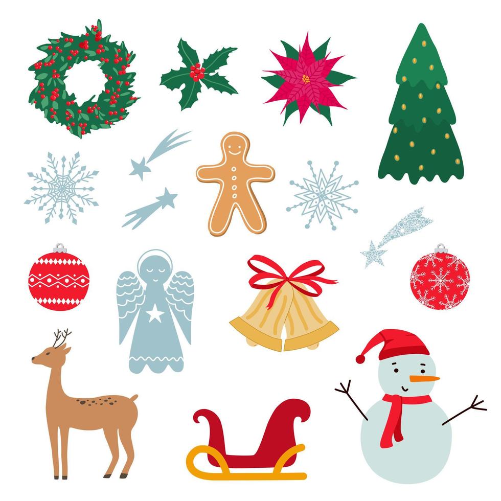 Christmas decorations set vector illustration. Winter holidays symbols collection. Design elements for xmas stickers, cards, poster.