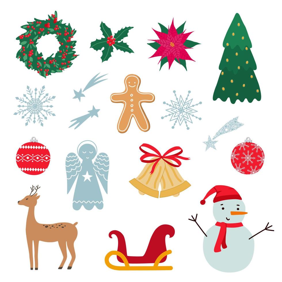 Christmas decorations set vector illustration. Winter holidays symbols collection. Design elements for xmas stickers, cards, poster.