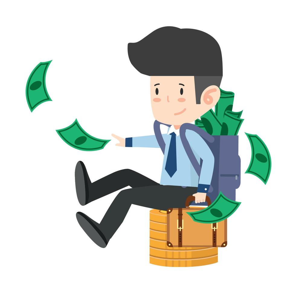 businessman sitting pile coins money vector