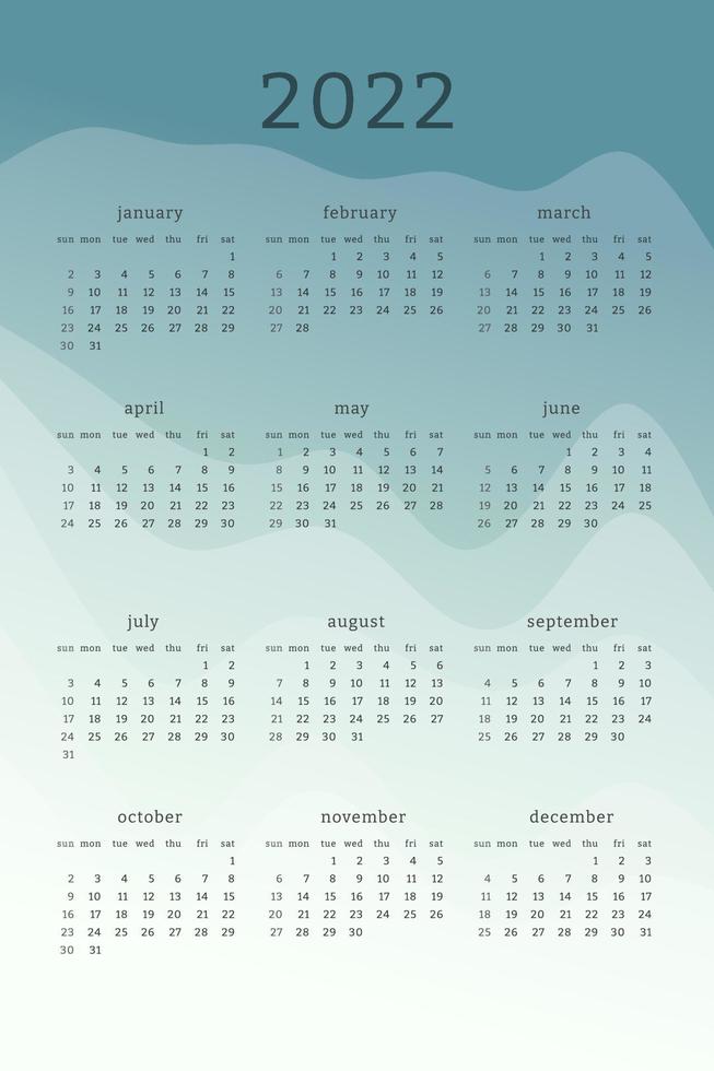 Vertical mint green calendar for 2022 year. Mountains silhouettes abstract gradient colorful background. Calendar design for print and digital. Week starts on Sunday vector