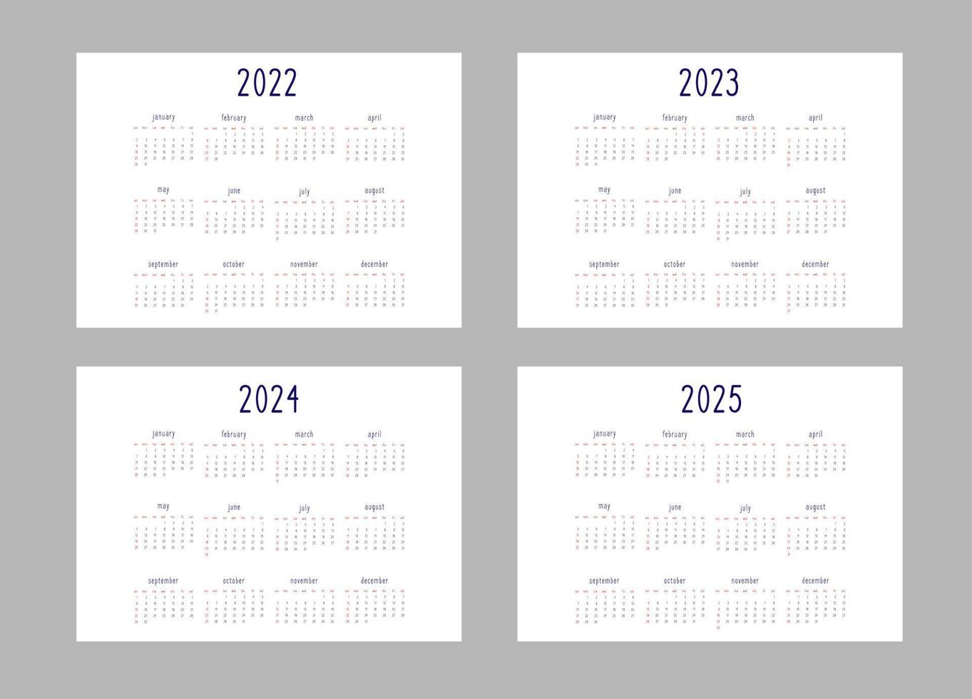 calendar 2022 2023 2024 2025 years template in classic strict style black and red colors on white background. Week starts on sunday. Horizontal lanscape format vector