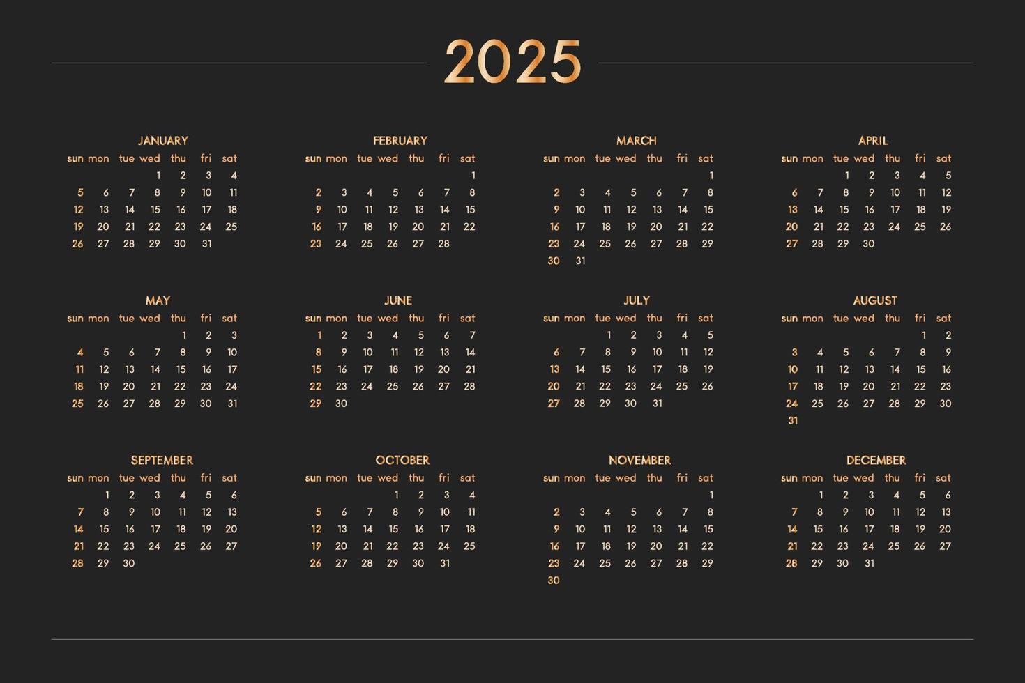 Calendario 2025 para cuaderno diario de planificador personal, dorado sobre negro de estilo lujoso. formato de paisaje horizontal. la semana comienza el domingo vector