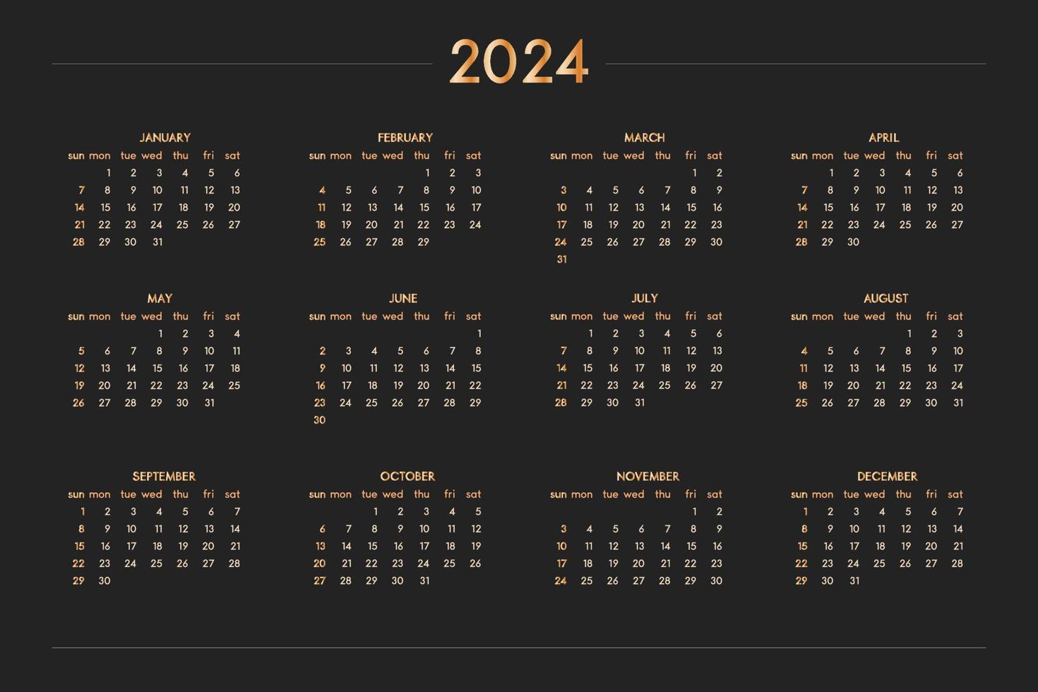 Calendario 2024 para cuaderno diario de planificador personal, dorado