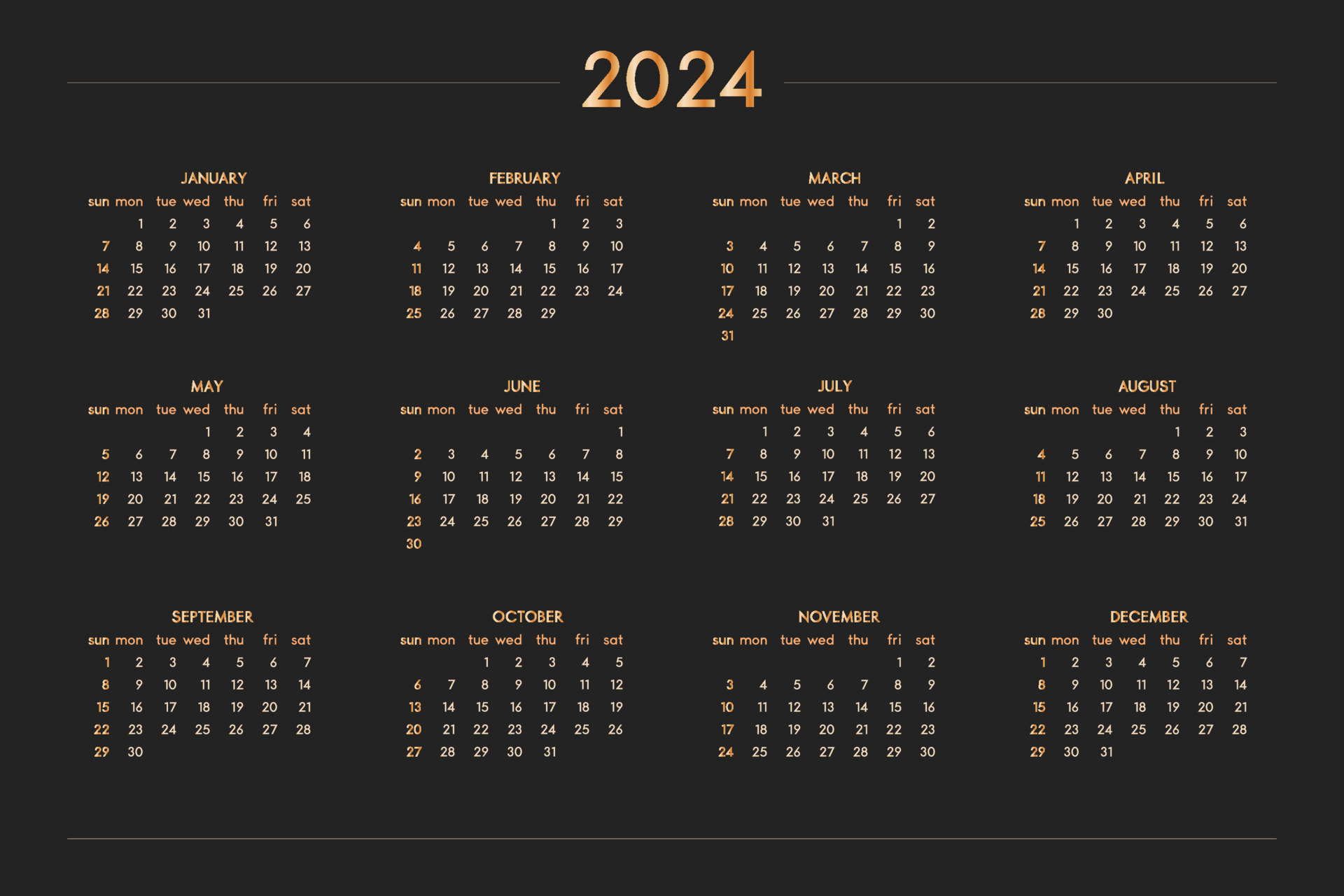 2024 calendar for personal planner diary notebook, gold on black luxury